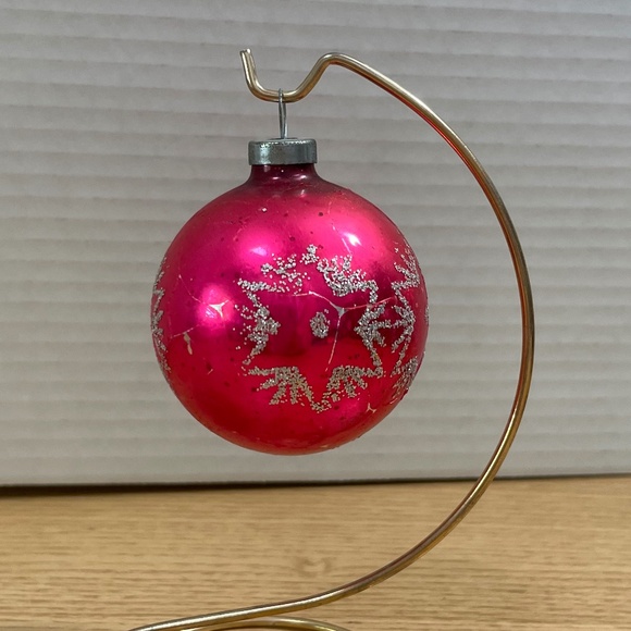 Vintage Geo Franke Glass Christmas Ornaments Gold Blue Red w Glitter Stars Set 9 - Picture 3 of 7